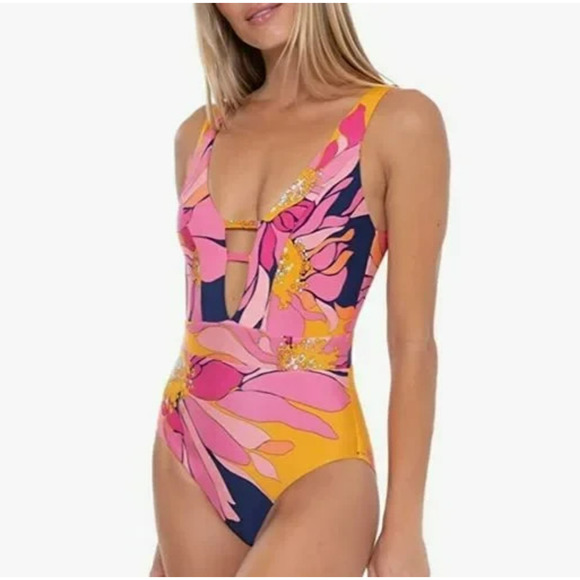 Trina Turk Breeze Floral Plunge Maillot One Piece Swimsuit Size 14 Colorful - Picture 1 of 12